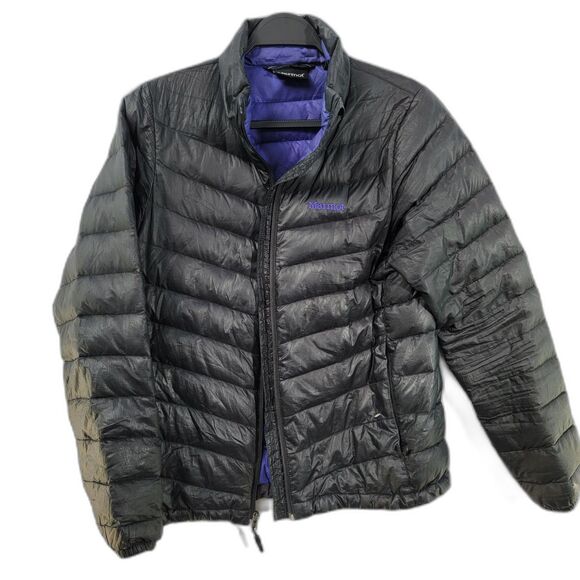 Marmot Black Purple Lined Puffer 100% Duck Down Insulated Jacket M - FLAWED - Picture 1 of 7